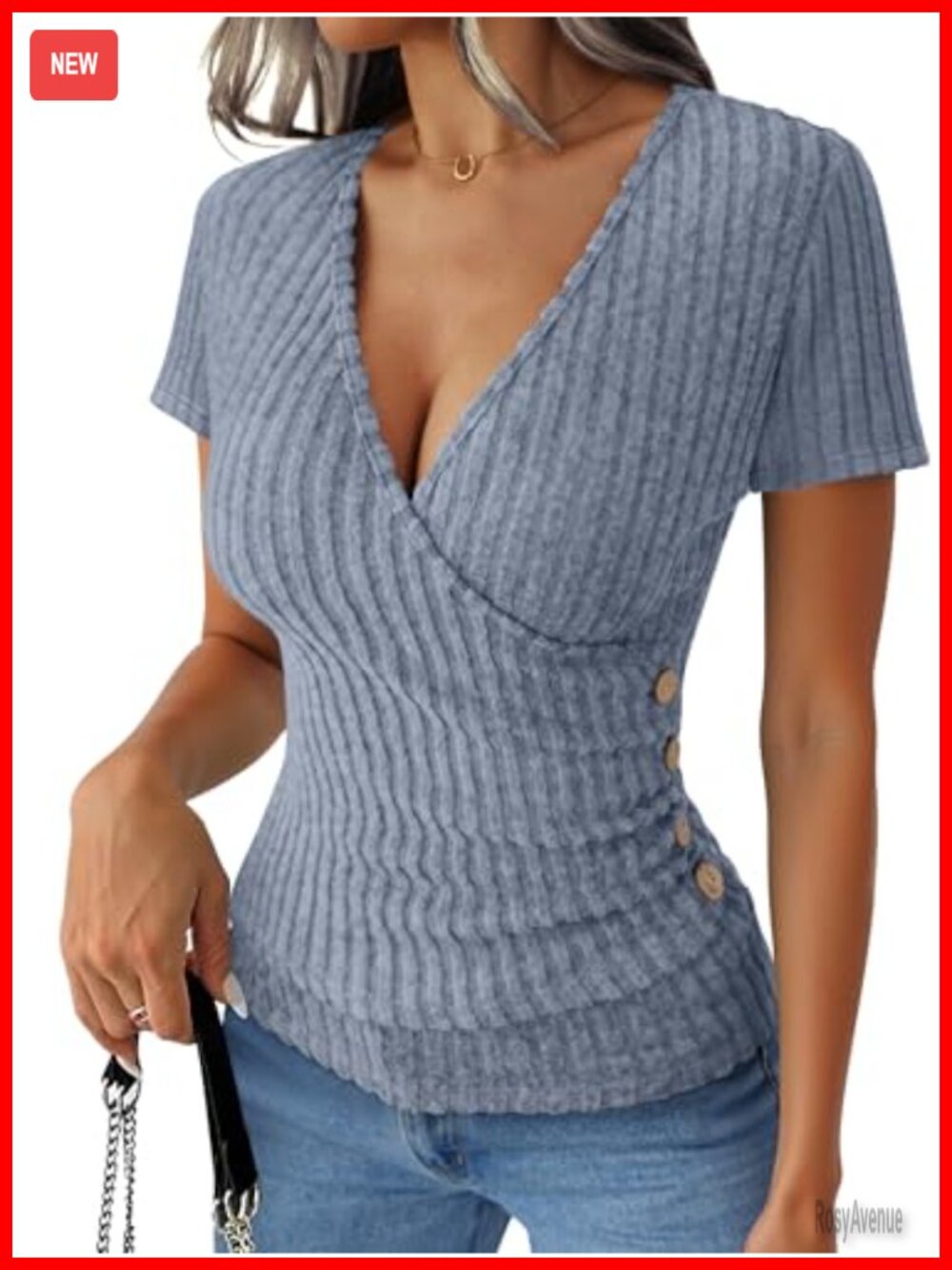 Women's Short Sleeve V Neck Ribbed Knit Top Slim Fit Casual Shirt